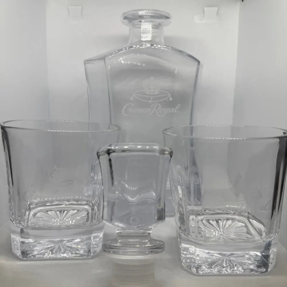 Official Crown Royal Etched Glass Decanter & Whiskey Glasses Set Barware